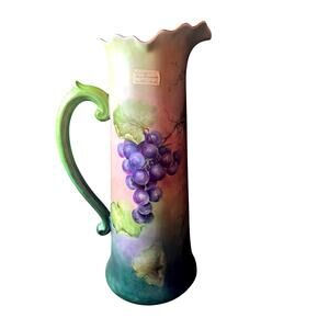 Jean Pouyat JPL Limoges 15” Hand Painted Ewer Pitcher Green Grapes France Signed
